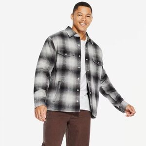 Gap Flannel Shaket Plaid Grey Black White Quilted Lining Jacket Coat Large NWOT